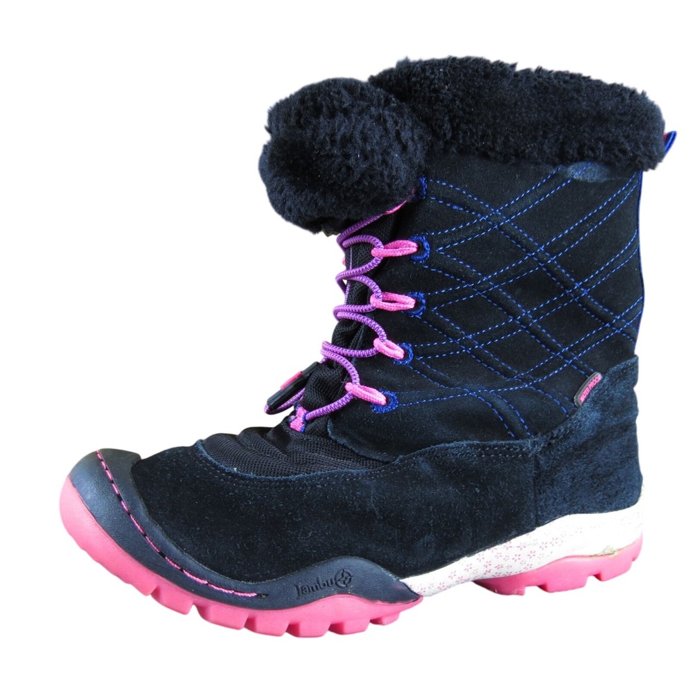 Jambu Black Suede Winter Boots Girls 4 Pink Sole Faux Fur Lace Up Waterproof